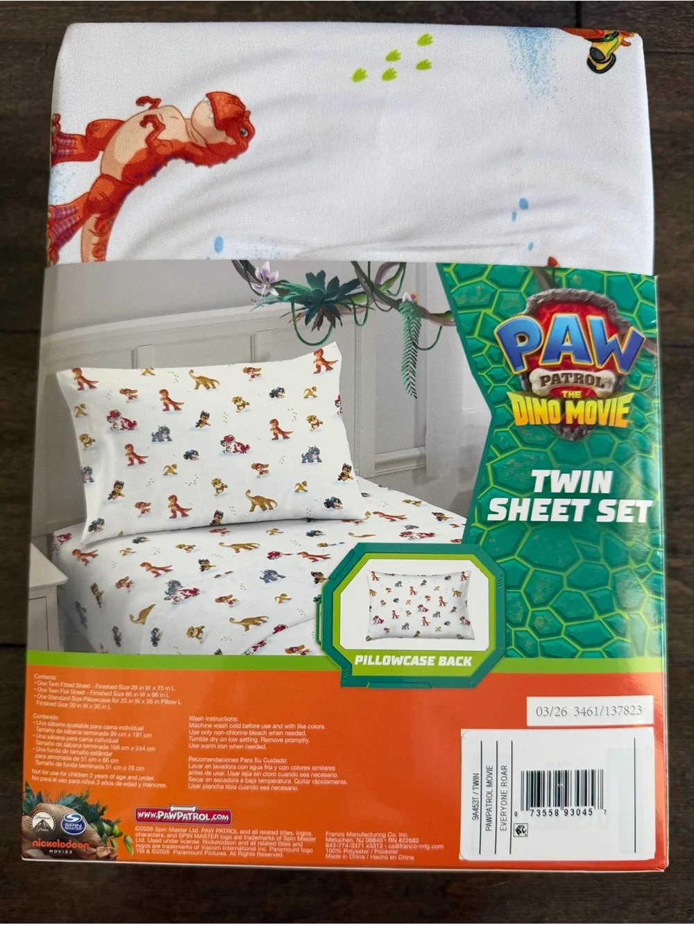 PAW Patrol The Dino Movie Twin Sheet Set 3pc Dinosaur 100% Polyester